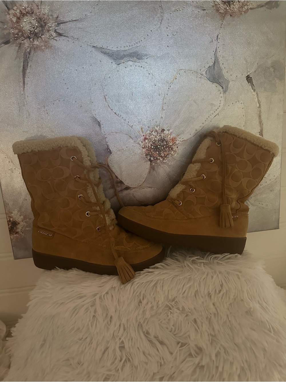 COACH Tan Suede Wedge Lace-Up Winter Boots with Tassel Accents